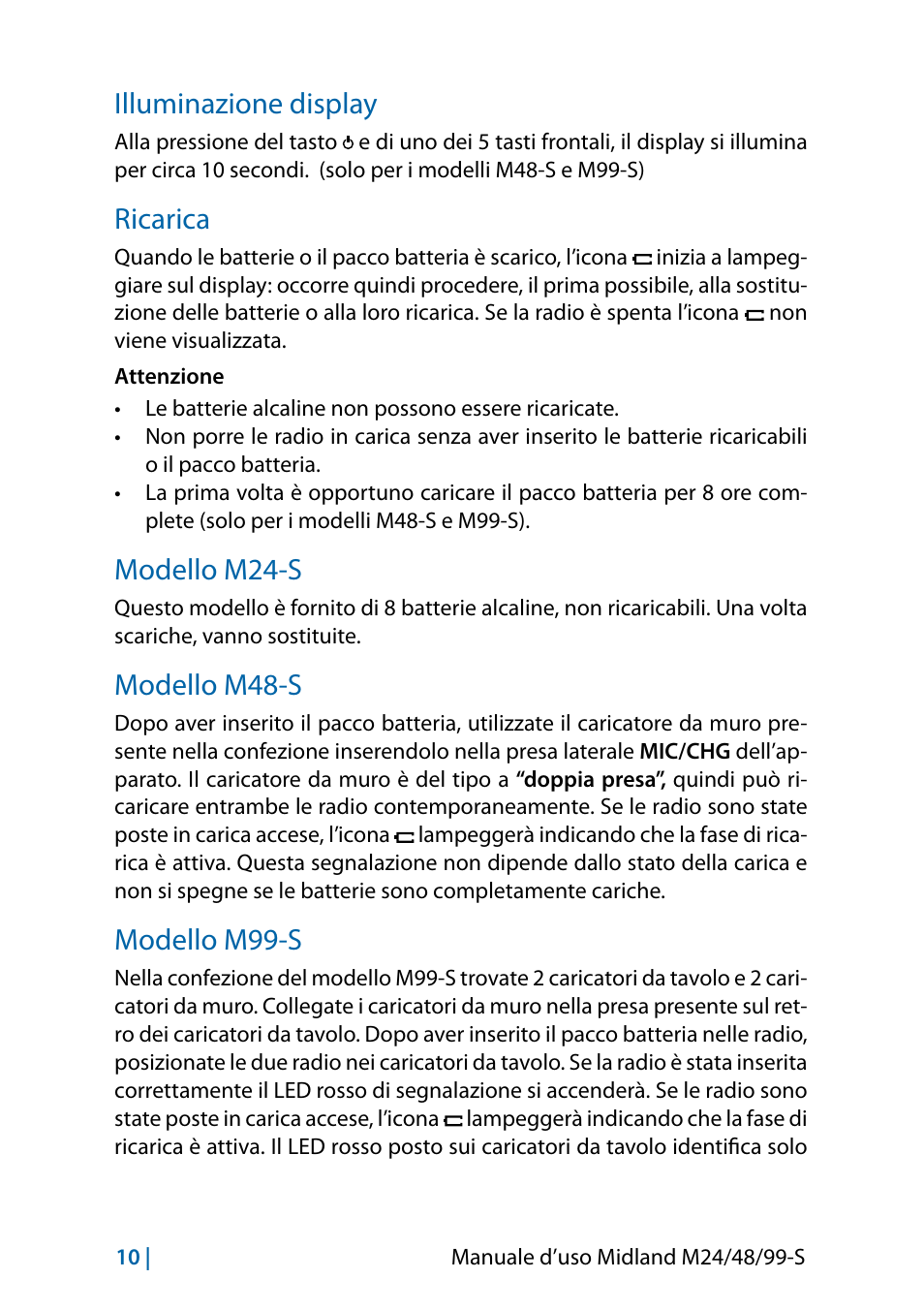 Illuminazione display, Ricarica, Modello m24-s | Modello m48-s, Modello m99-s, Ricarica 10 modello m24-s | MIDLAND M24 S - M48 S - M99 S User Manual | Page 13 / 124