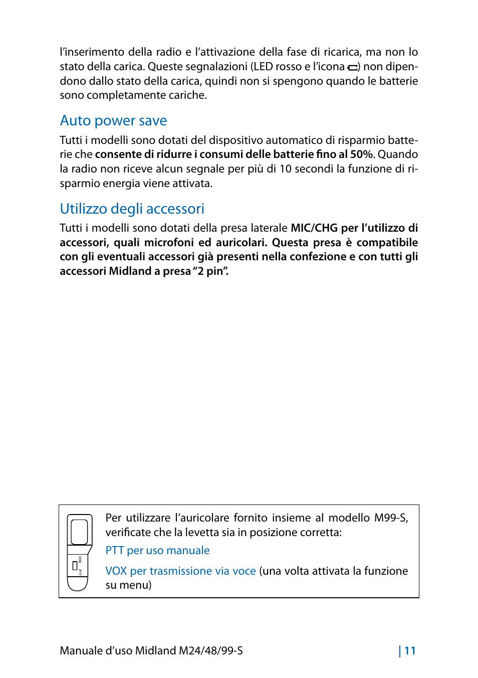 Auto power save, Utilizzo degli accessori | MIDLAND M24 S - M48 S - M99 S User Manual | Page 14 / 124