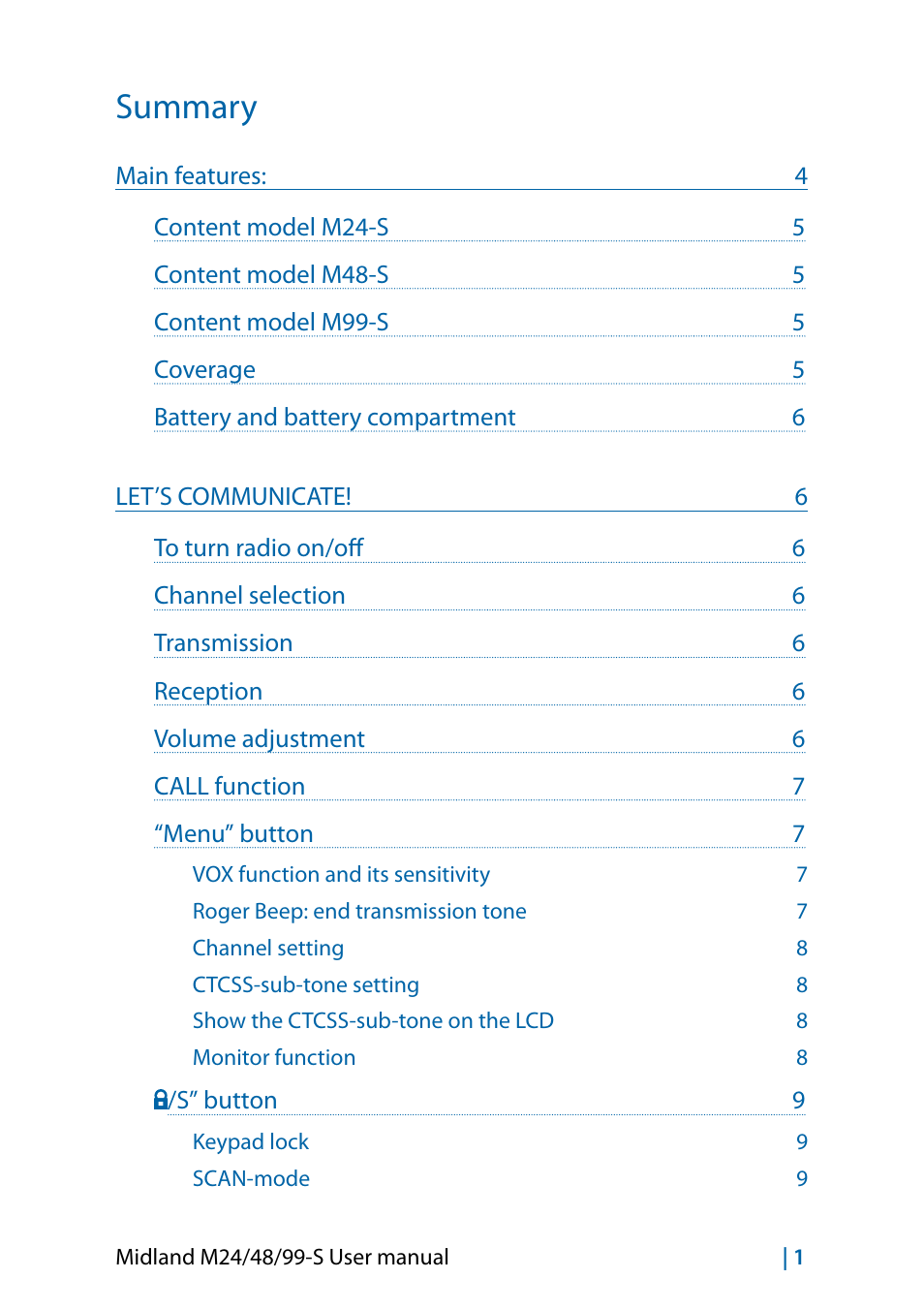 English, Summary | MIDLAND M24 S - M48 S - M99 S User Manual | Page 16 / 124