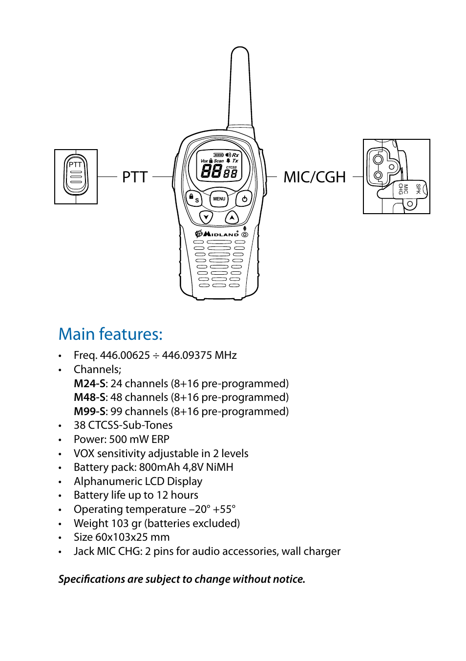 Main features, Ptt mic/cgh | MIDLAND M24 S - M48 S - M99 S User Manual | Page 19 / 124