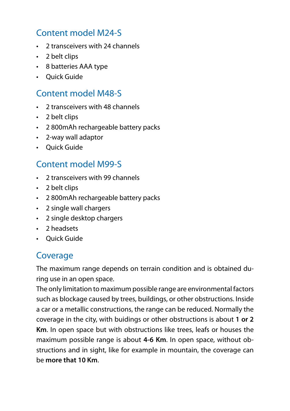 Content model m24-s, Content model m48-s, Content model m99-s | Coverage | MIDLAND M24 S - M48 S - M99 S User Manual | Page 20 / 124