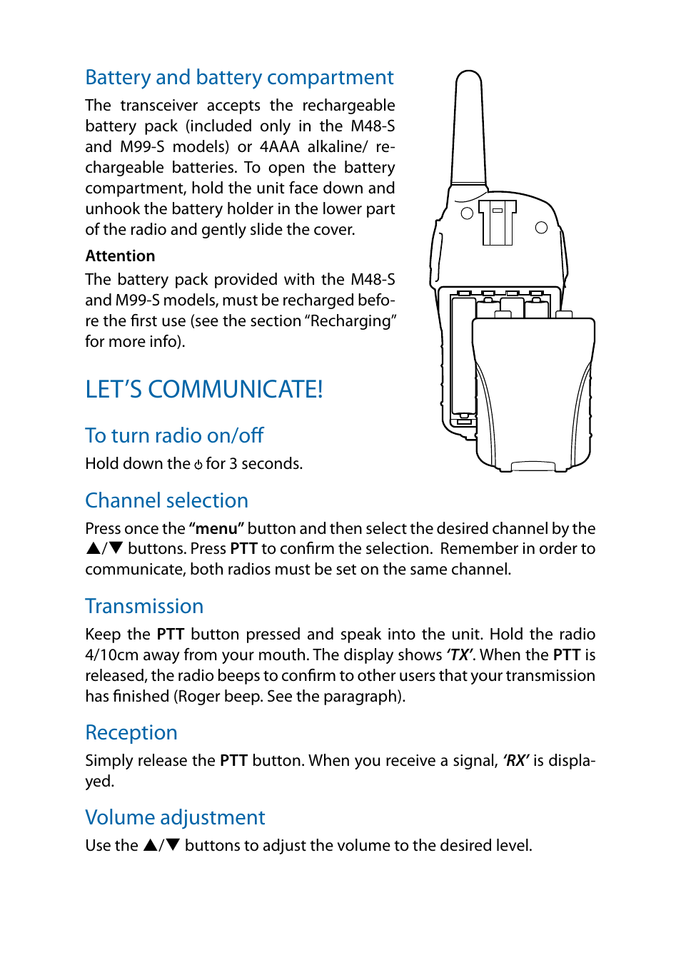 Battery and battery compartment, Let’s communicate, To turn radio on/off | Channel selection, Transmission, Reception, Volume adjustment, Transmission 6, Reception 6 | MIDLAND M24 S - M48 S - M99 S User Manual | Page 21 / 124
