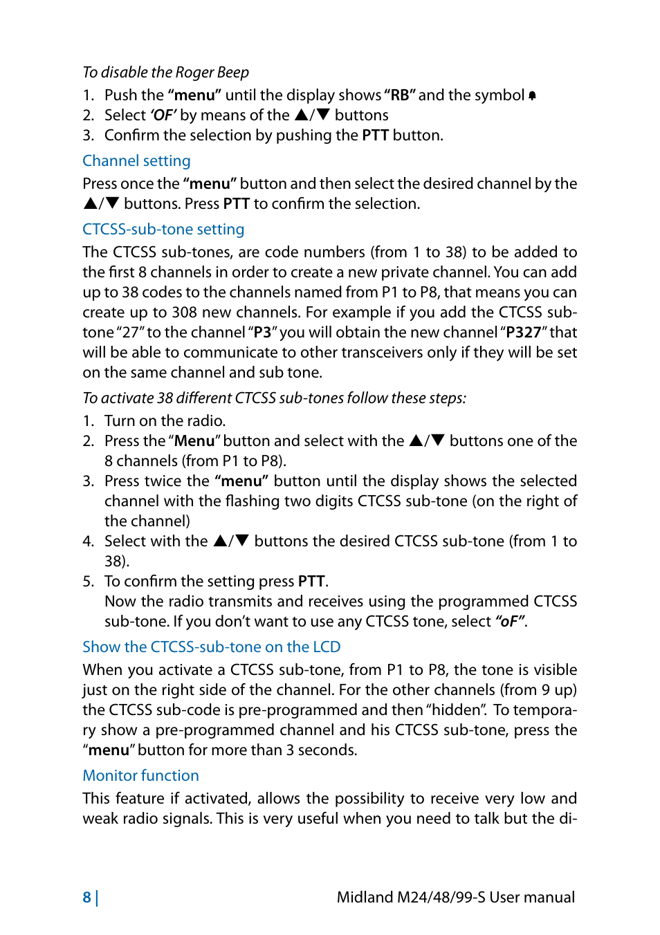 Channel setting, Ctcss-sub-tone setting, Show the ctcss-sub-tone on the lcd | Monitor function | MIDLAND M24 S - M48 S - M99 S User Manual | Page 23 / 124