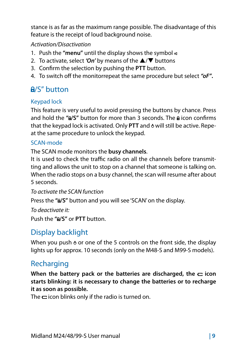 S” button, Keypad lock, Scan-mode | Display backlight, Recharging, Scan-mode 9, Recharging 9 | MIDLAND M24 S - M48 S - M99 S User Manual | Page 24 / 124