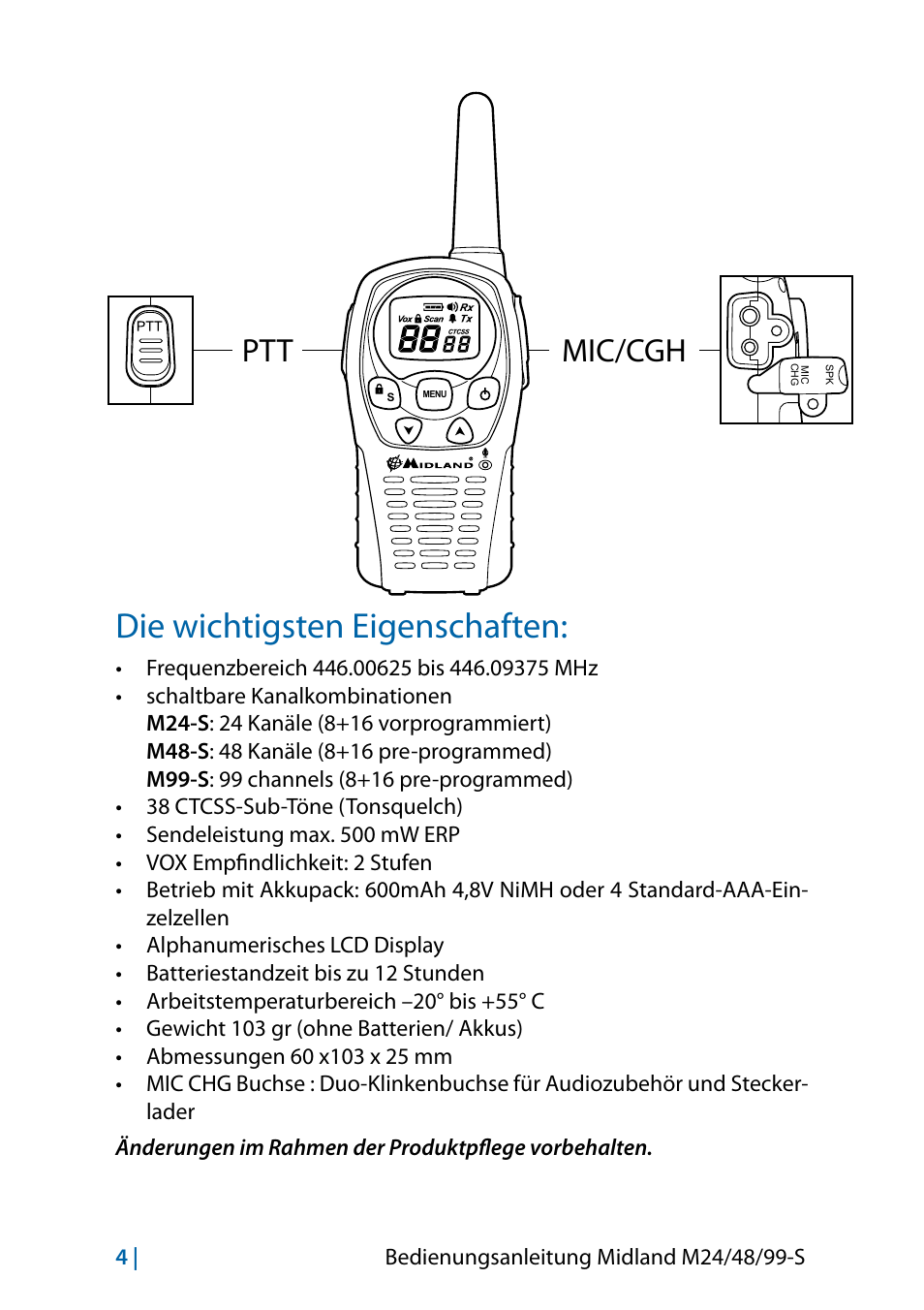 Die wichtigsten eigenschaften, Ptt mic/cgh | MIDLAND M24 S - M48 S - M99 S User Manual | Page 31 / 124