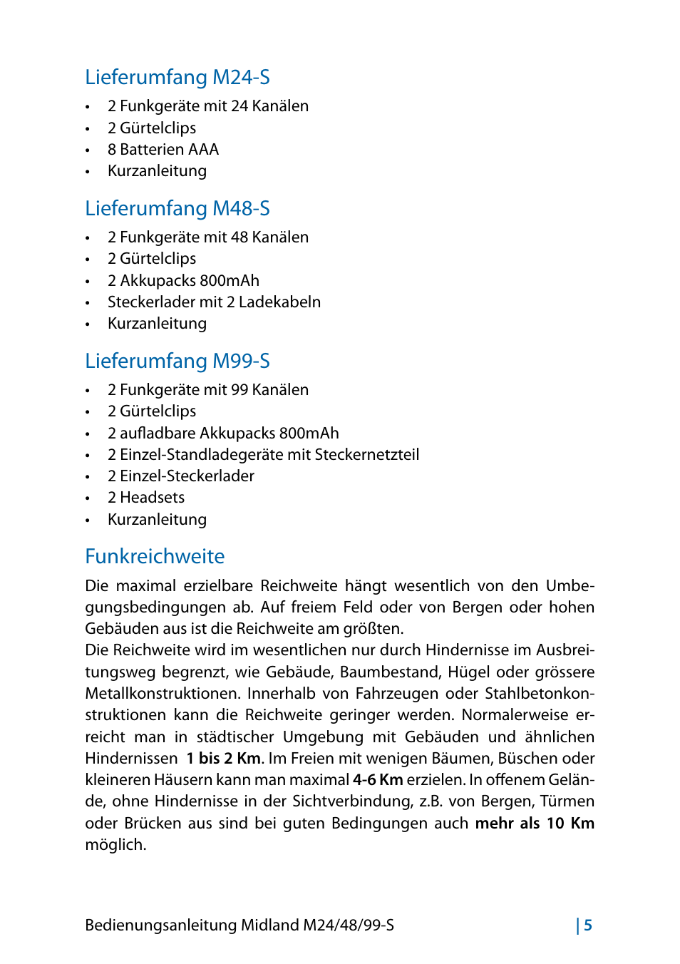 Lieferumfang m24-s, Lieferumfang m48-s, Lieferumfang m99-s | Funkreichweite | MIDLAND M24 S - M48 S - M99 S User Manual | Page 32 / 124