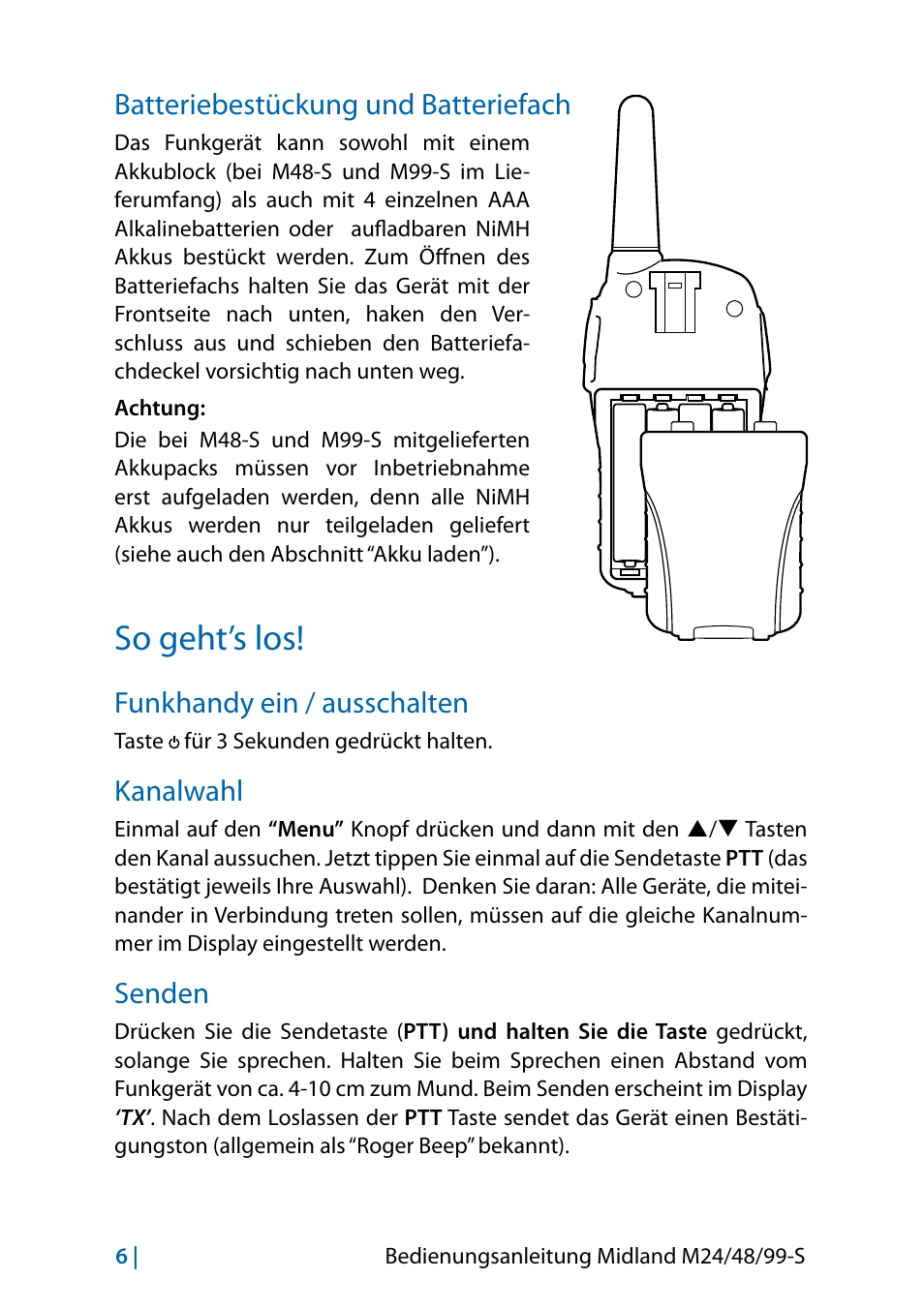 Batteriebestückung und batteriefach, So geht’s los, Funkhandy ein / ausschalten | Kanalwahl, Senden, Kanalwahl 6, Senden 6 | MIDLAND M24 S - M48 S - M99 S User Manual | Page 33 / 124