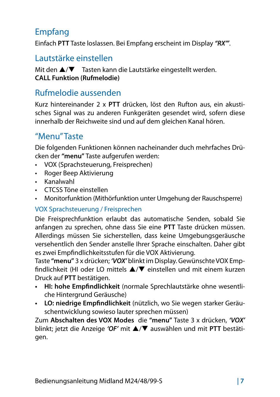 Empfang, Lautstärke einstellen, Rufmelodie aussenden | Menu” taste, Vox sprachsteuerung / freisprechen, Empfang 7 | MIDLAND M24 S - M48 S - M99 S User Manual | Page 34 / 124
