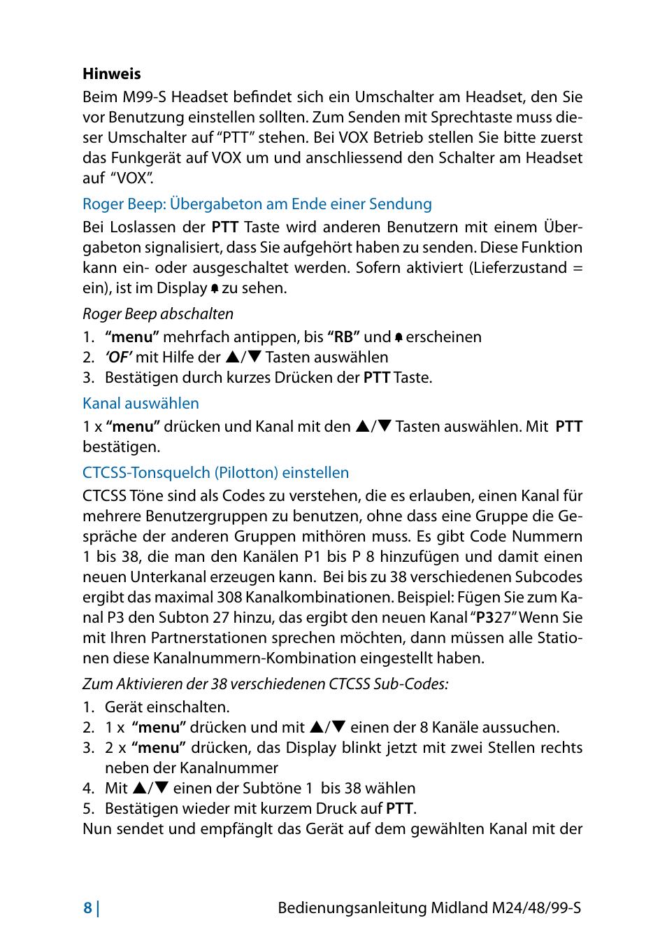 Roger beep: übergabeton am ende einer sendung, Kanal auswählen, Ctcss-tonsquelch (pilotton) einstellen | MIDLAND M24 S - M48 S - M99 S User Manual | Page 35 / 124