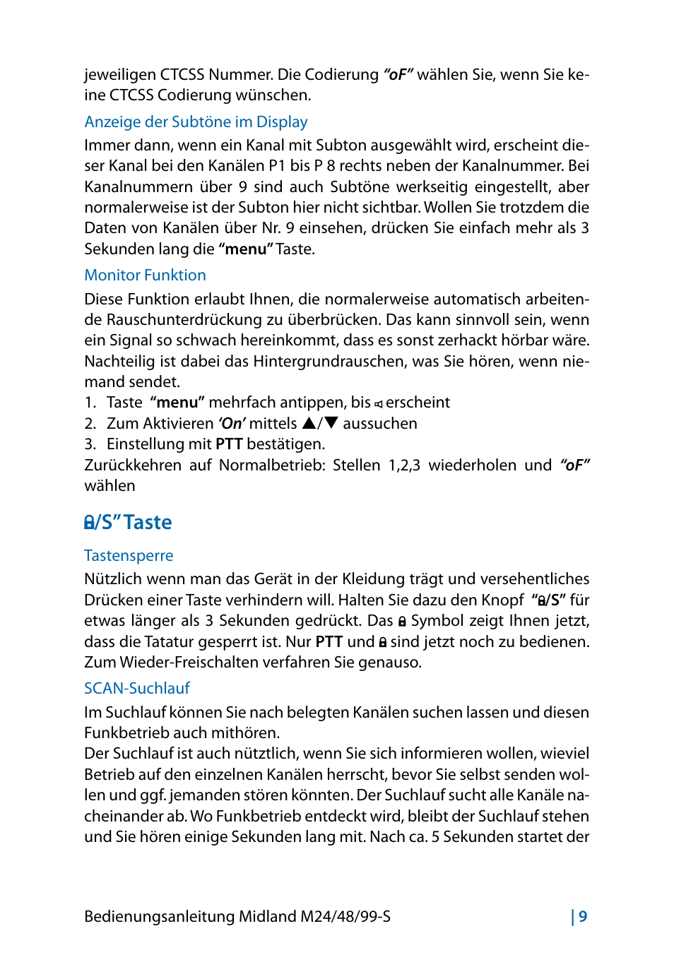 Anzeige der subtöne im display, Monitor funktion, S” taste | Tastensperre, Scan-suchlauf, Scan-suchlauf 9 | MIDLAND M24 S - M48 S - M99 S User Manual | Page 36 / 124