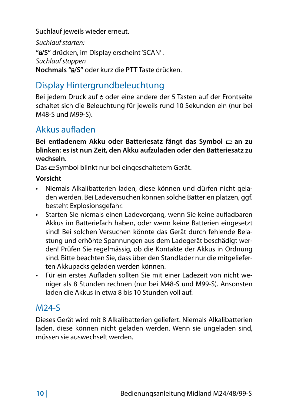 Display hintergrundbeleuchtung, Akkus aufladen, M24-s | M48-s | MIDLAND M24 S - M48 S - M99 S User Manual | Page 37 / 124