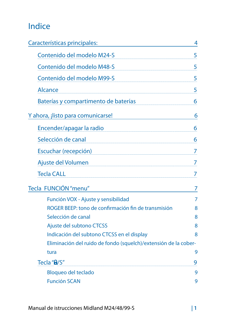 Español, Indice | MIDLAND M24 S - M48 S - M99 S User Manual | Page 40 / 124