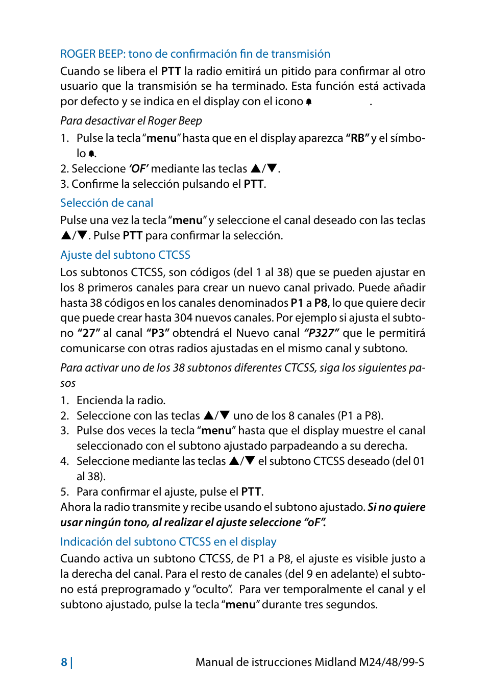 Selección de canal, Ajuste del subtono ctcss, Indicación del subtono ctcss en el display | MIDLAND M24 S - M48 S - M99 S User Manual | Page 47 / 124