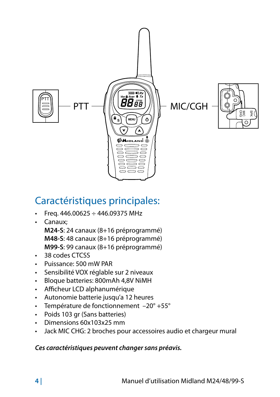 Caractéristiques principales, Ptt mic/cgh | MIDLAND M24 S - M48 S - M99 S User Manual | Page 55 / 124