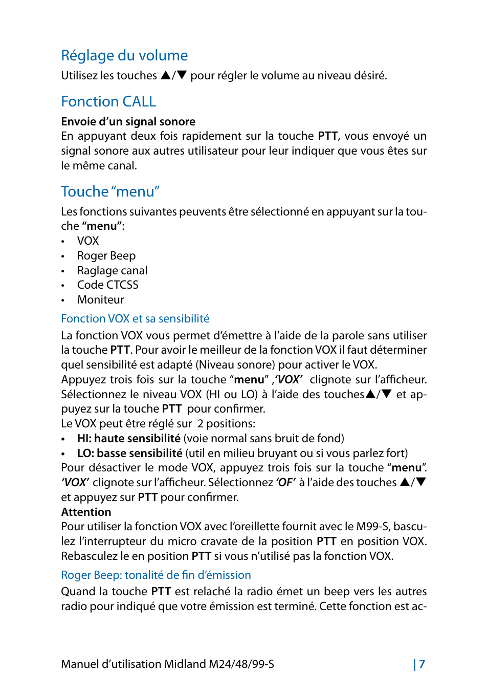 Réglage du volume, Fonction call, Touche “menu | Fonction vox et sa sensibilité, Roger beep: tonalité de fin d’émission | MIDLAND M24 S - M48 S - M99 S User Manual | Page 58 / 124