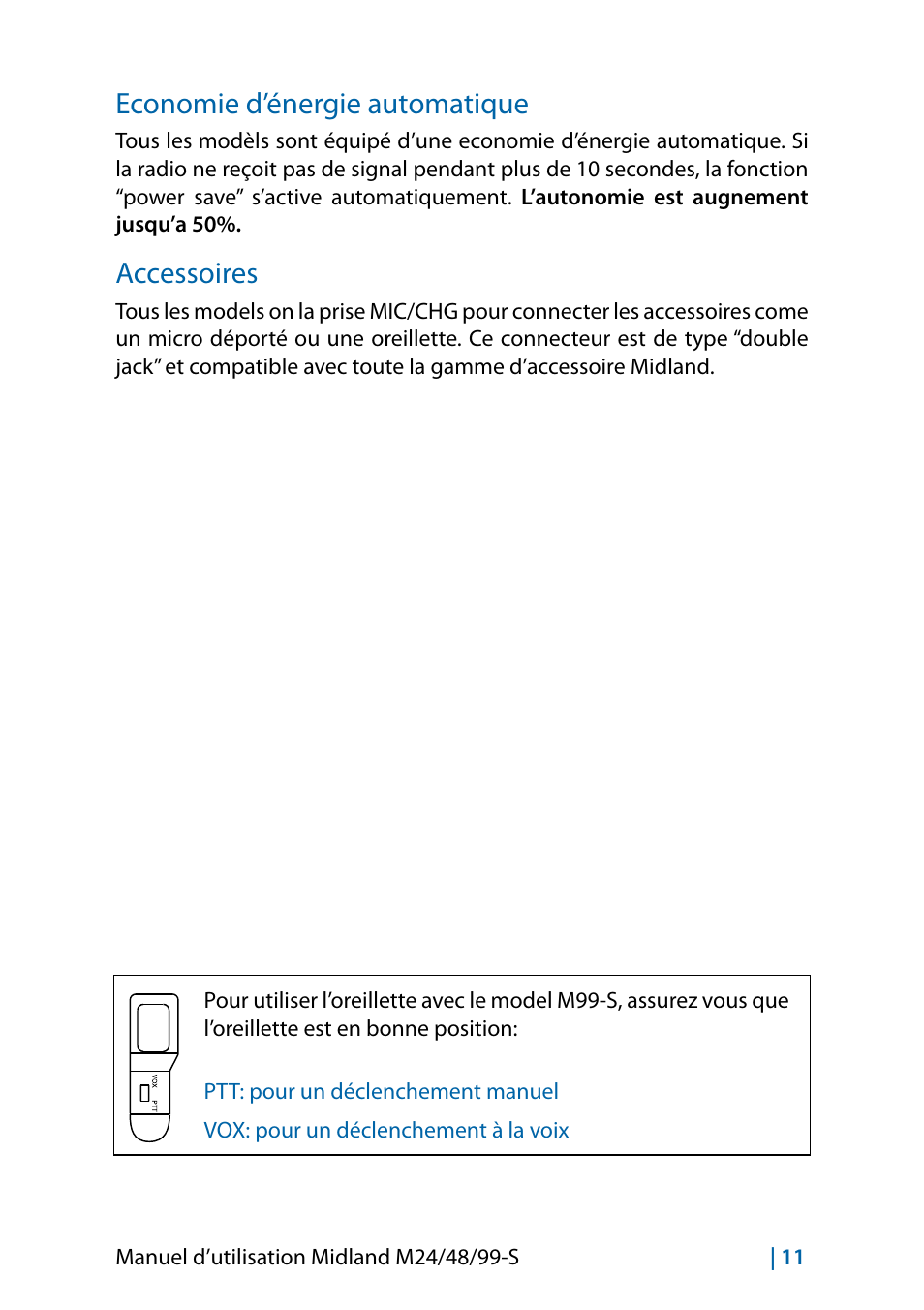 Economie d’énergie automatique, Accessoires, Accessoires 11 | MIDLAND M24 S - M48 S - M99 S User Manual | Page 62 / 124