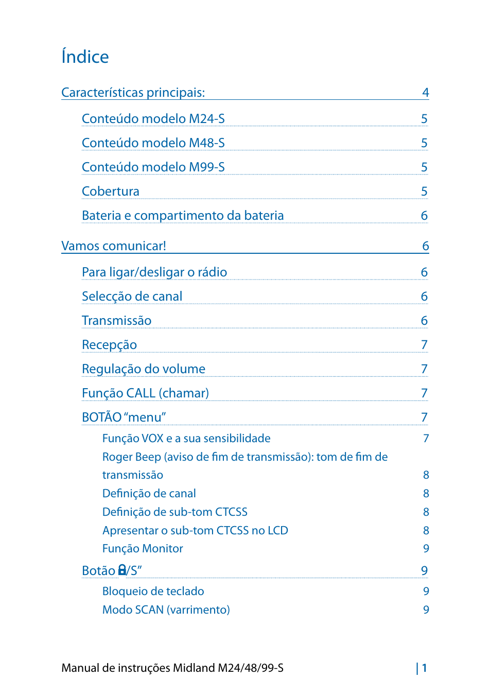 Português, Índice | MIDLAND M24 S - M48 S - M99 S User Manual | Page 64 / 124