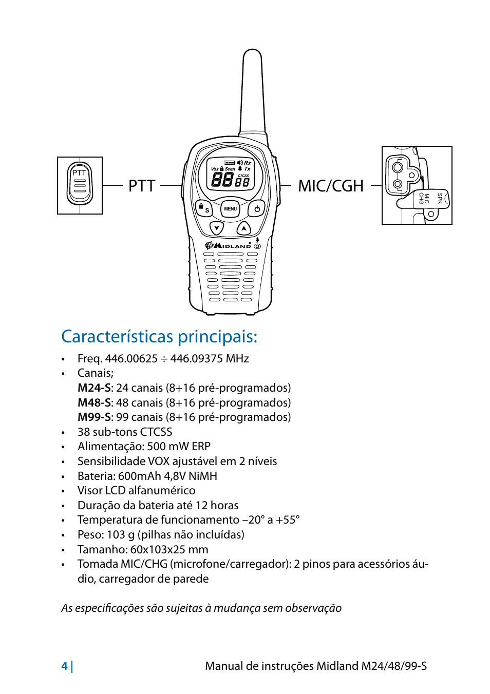 Características principais, Ptt mic/cgh | MIDLAND M24 S - M48 S - M99 S User Manual | Page 67 / 124