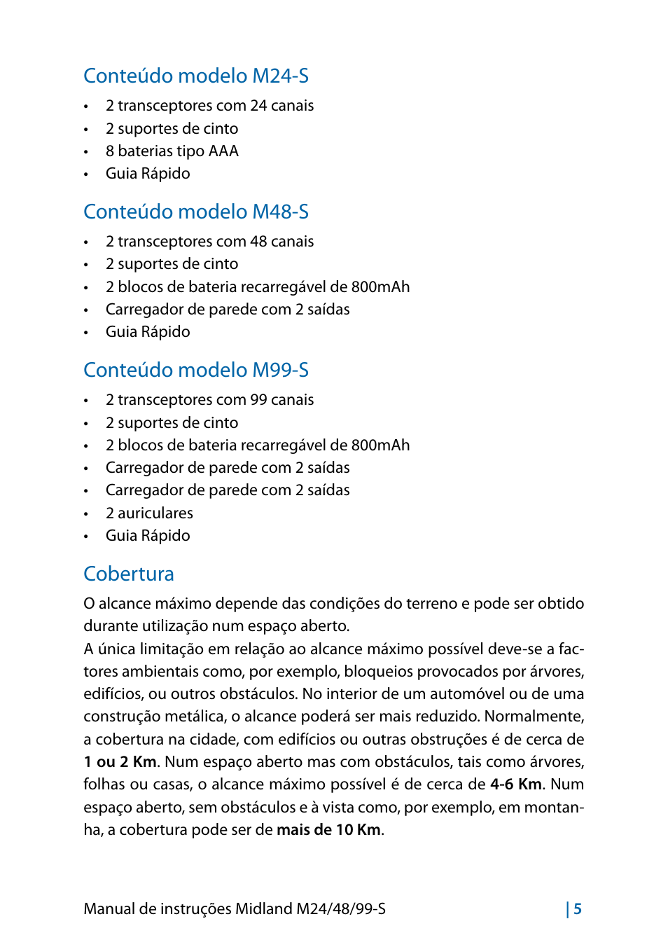 Conteúdo modelo m24-s, Conteúdo modelo m48-s, Conteúdo modelo m99-s | Cobertura | MIDLAND M24 S - M48 S - M99 S User Manual | Page 68 / 124