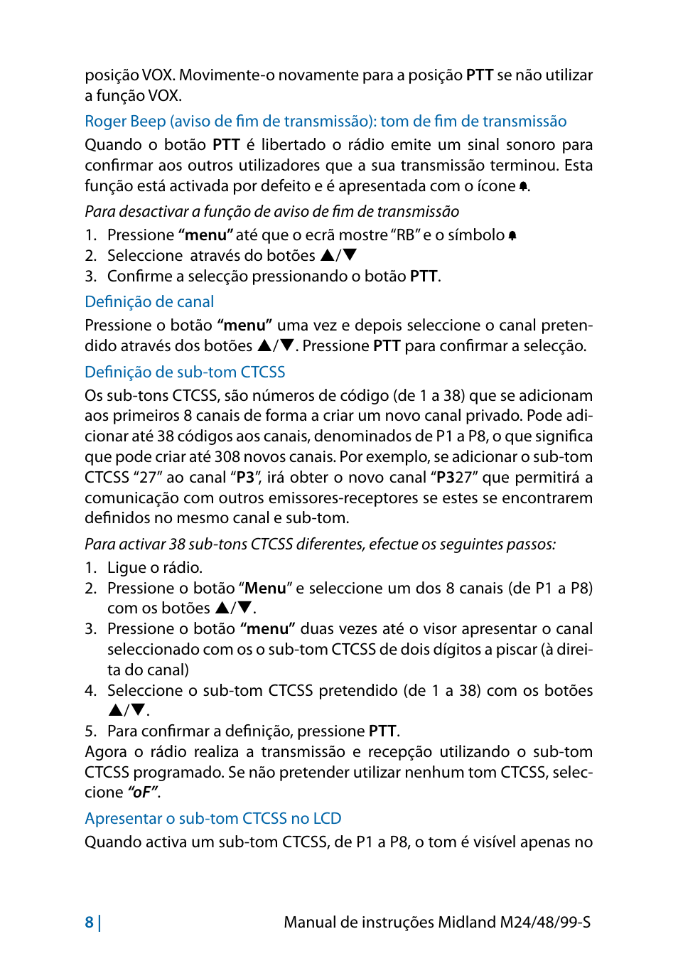 Definição de canal, Definição de sub-tom ctcss, Apresentar o sub-tom ctcss no lcd | MIDLAND M24 S - M48 S - M99 S User Manual | Page 71 / 124
