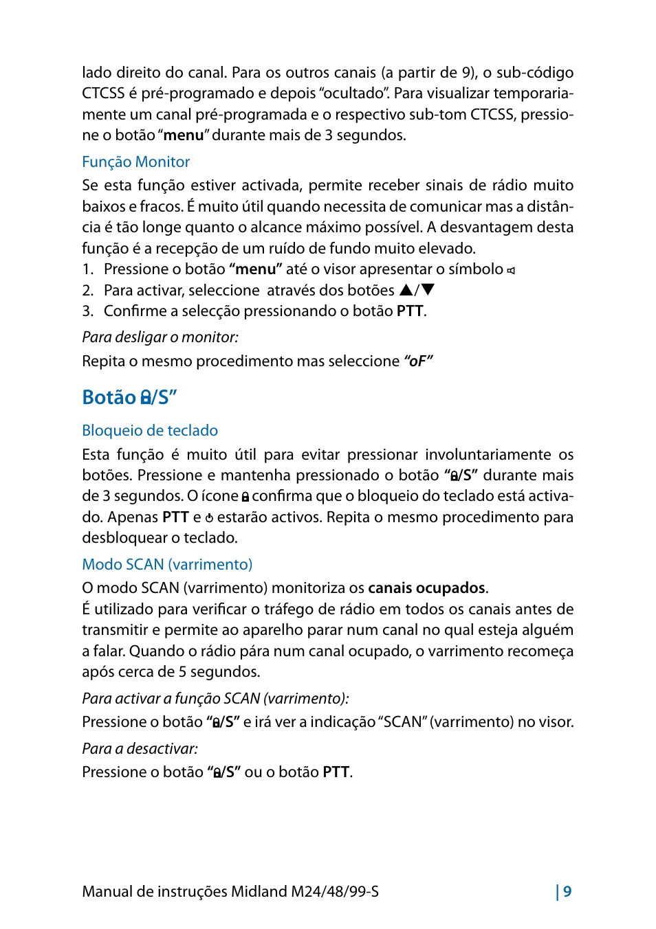 Função monitor, Botão ￼/s, Bloqueio de teclado | Modo scan (varrimento), Botão /s | MIDLAND M24 S - M48 S - M99 S User Manual | Page 72 / 124