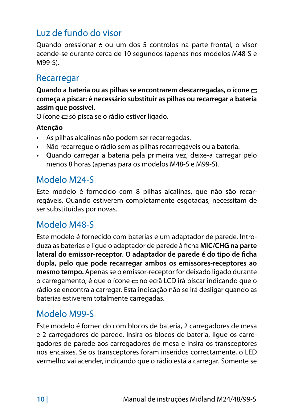 Luz de fundo do visor, Recarregar, Modelo m24-s | Modelo m48-s, Modelo m99-s, Recarregar 10 modelo m24-s | MIDLAND M24 S - M48 S - M99 S User Manual | Page 73 / 124
