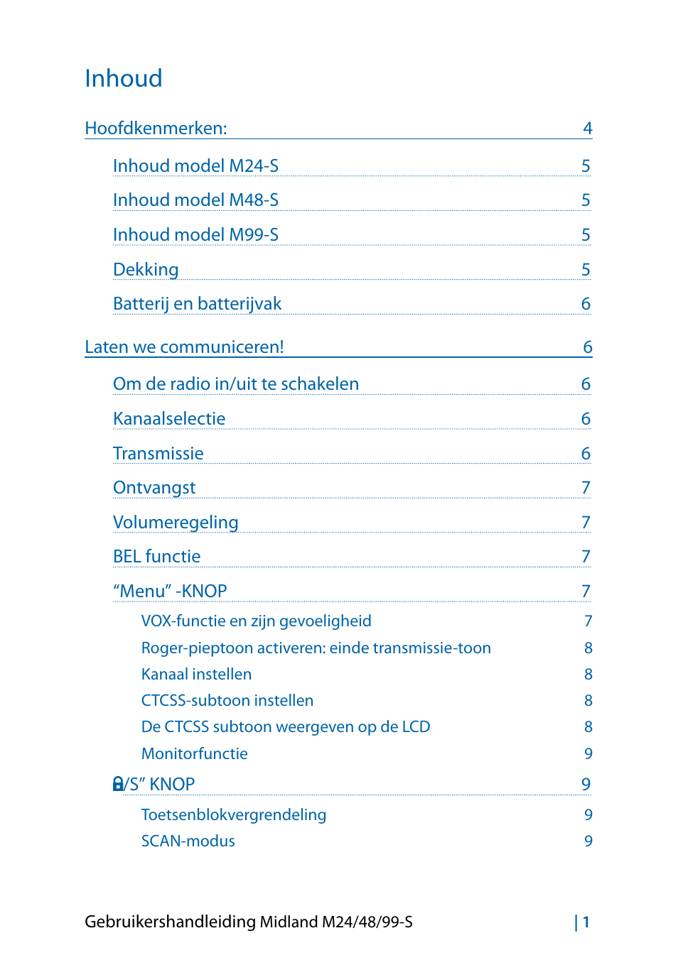 N ederlan ds, Inhoud | MIDLAND M24 S - M48 S - M99 S User Manual | Page 88 / 124