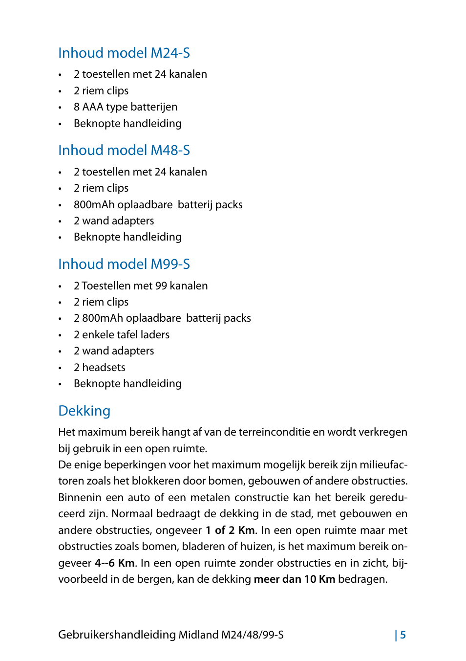 Inhoud model m24-s, Inhoud model m48-s, Inhoud model m99-s | Dekking | MIDLAND M24 S - M48 S - M99 S User Manual | Page 92 / 124