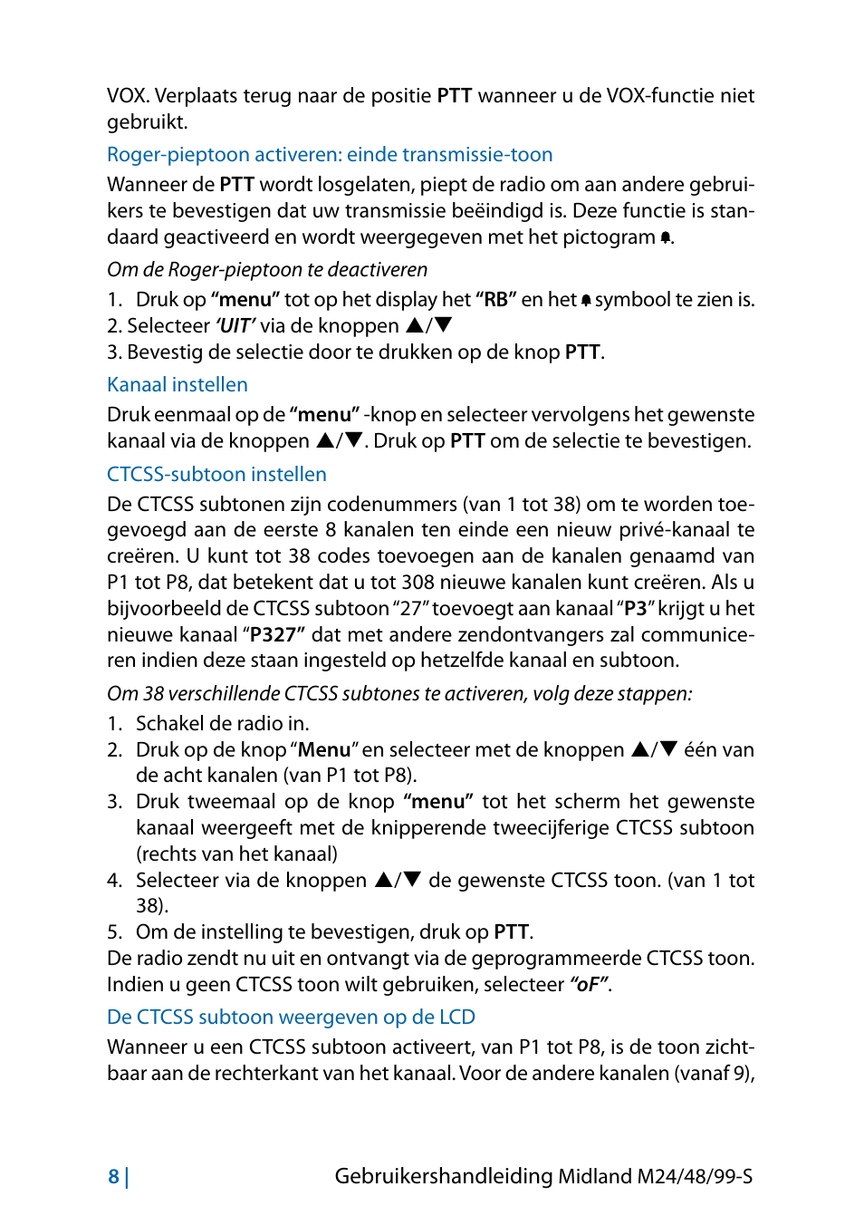 Roger-pieptoon activeren: einde transmissie-toon, Kanaal instellen, Ctcss-subtoon instellen | De ctcss subtoon weergeven op de lcd | MIDLAND M24 S - M48 S - M99 S User Manual | Page 95 / 124