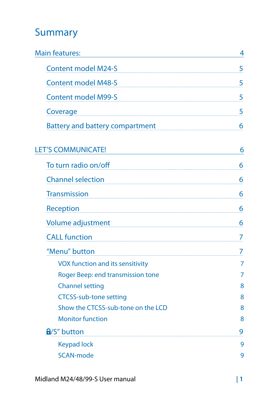 English, Summary | MIDLAND M24s_M48s_M99s User Manual | Page 10 / 73