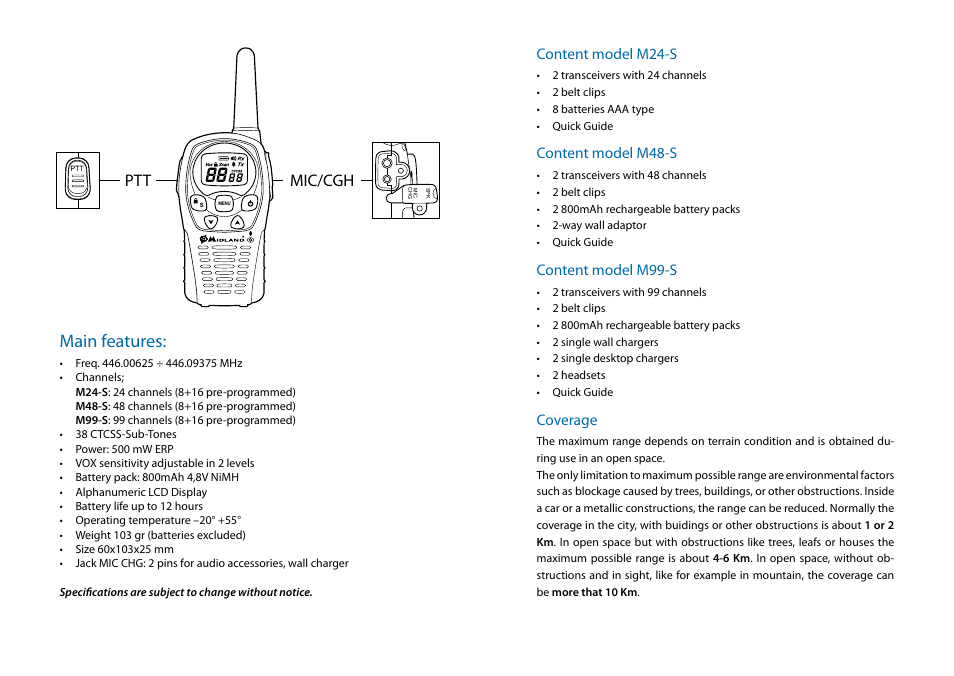 Main features, Content model m24-s, Content model m48-s | Content model m99-s, Coverage, Ptt mic/cgh | MIDLAND M24s_M48s_M99s User Manual | Page 12 / 73