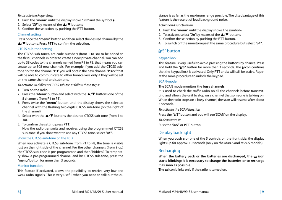 Channel setting, Ctcss-sub-tone setting, Show the ctcss-sub-tone on the lcd | Monitor function, S” button, Keypad lock, Scan-mode, Display backlight, Recharging, Scan-mode 9 | MIDLAND M24s_M48s_M99s User Manual | Page 14 / 73