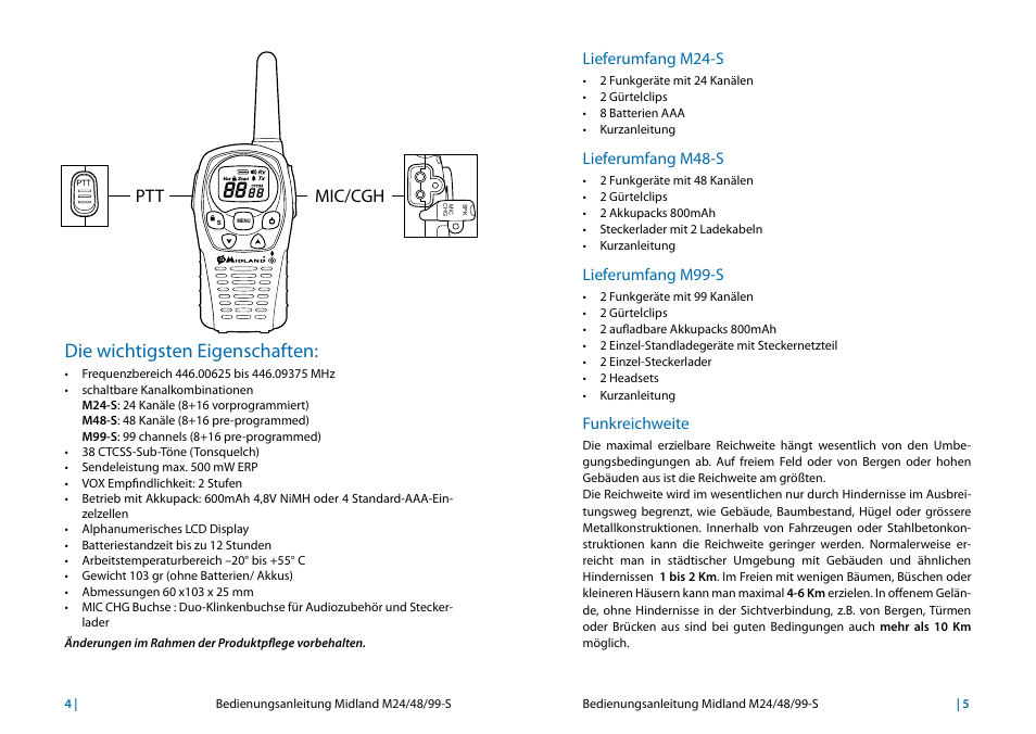 Die wichtigsten eigenschaften, Lieferumfang m24-s, Lieferumfang m48-s | Lieferumfang m99-s, Funkreichweite, Ptt mic/cgh | MIDLAND M24s_M48s_M99s User Manual | Page 19 / 73