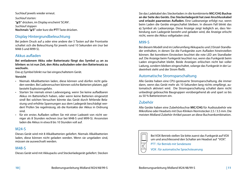 Display hintergrundbeleuchtung, Akkus aufladen, M24-s | M48-s, M99-s, Automatische stromsparschaltung, Zubehör, Zubehör 11 | MIDLAND M24s_M48s_M99s User Manual | Page 22 / 73