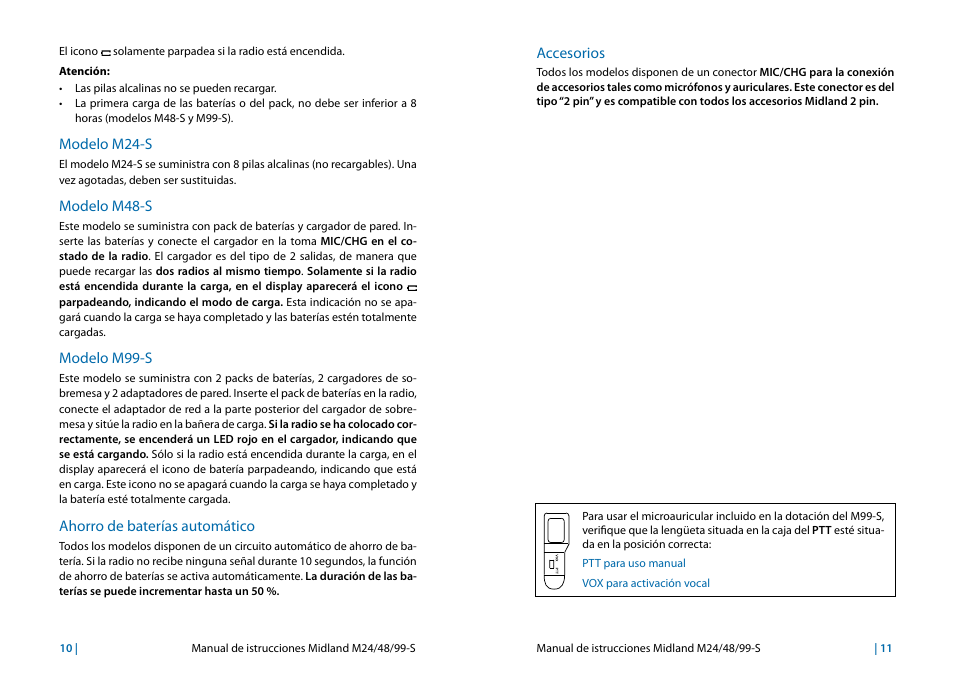 Modelo m24-s, Modelo m48-s, Modelo m99-s | Ahorro de baterías automático, Accesorios, Accesorios 11 | MIDLAND M24s_M48s_M99s User Manual | Page 29 / 73
