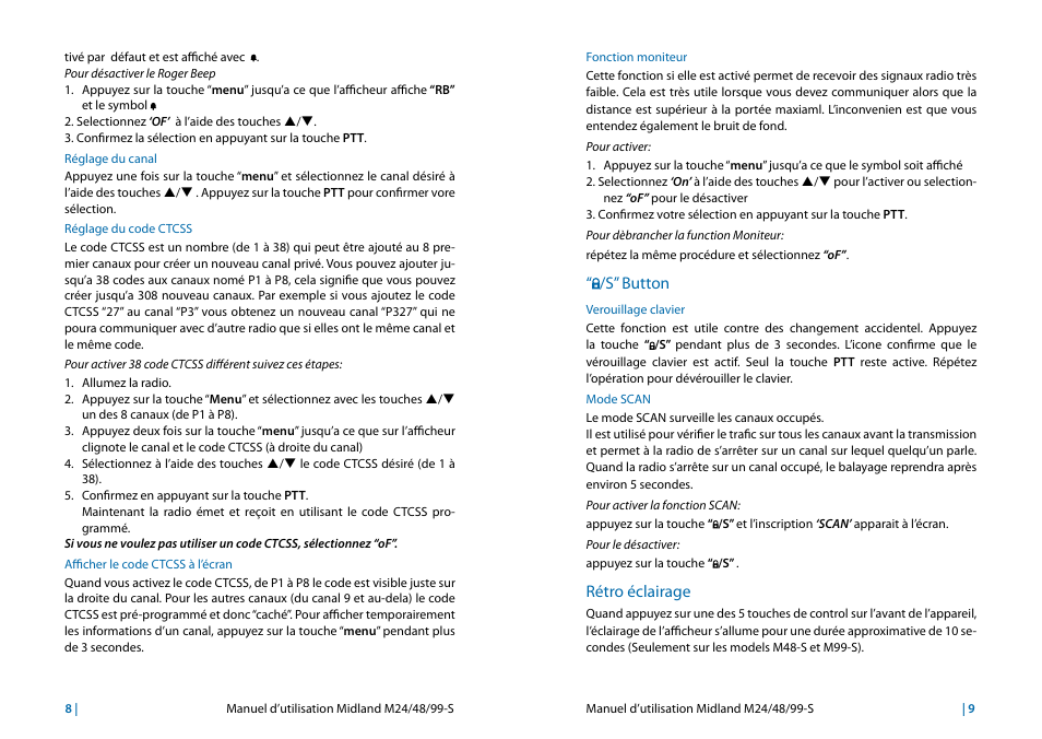 Réglage du canal, Réglage du code ctcss, Afficher le code ctcss à l’écran | Fonction moniteur, S” button, Verouillage clavier, Mode scan, Rétro éclairage | MIDLAND M24s_M48s_M99s User Manual | Page 35 / 73