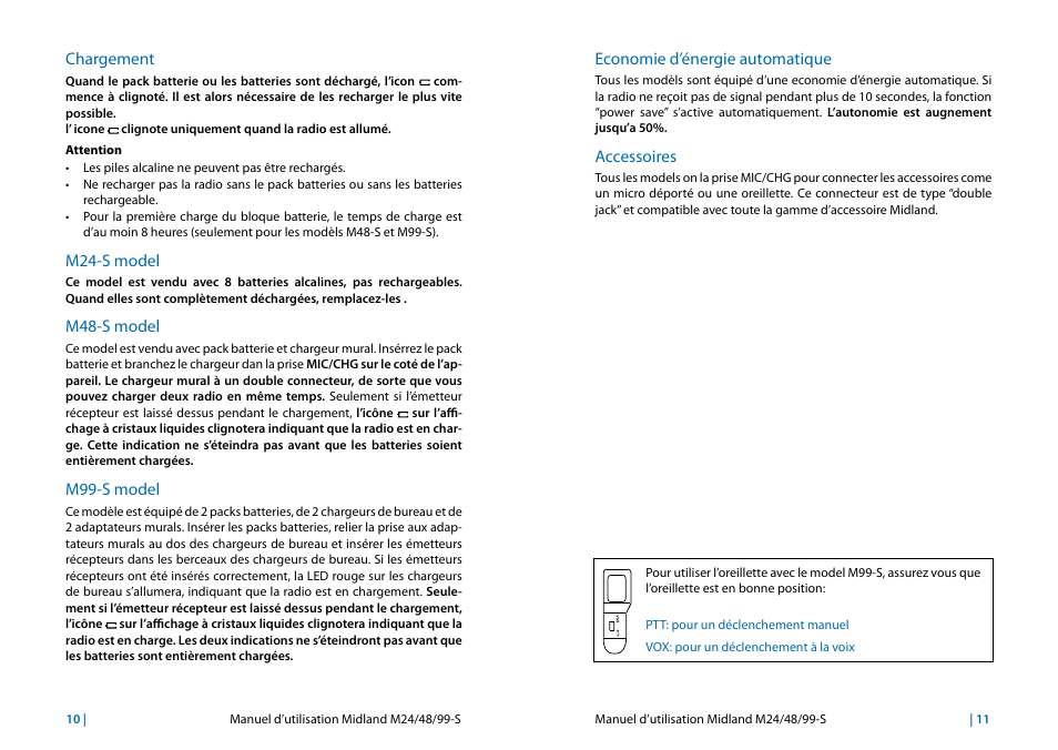 Chargement, M24-s model, M48-s model | M99-s model, Economie d’énergie automatique, Accessoires, Chargement 10 m24-s model, Accessoires 11 | MIDLAND M24s_M48s_M99s User Manual | Page 36 / 73