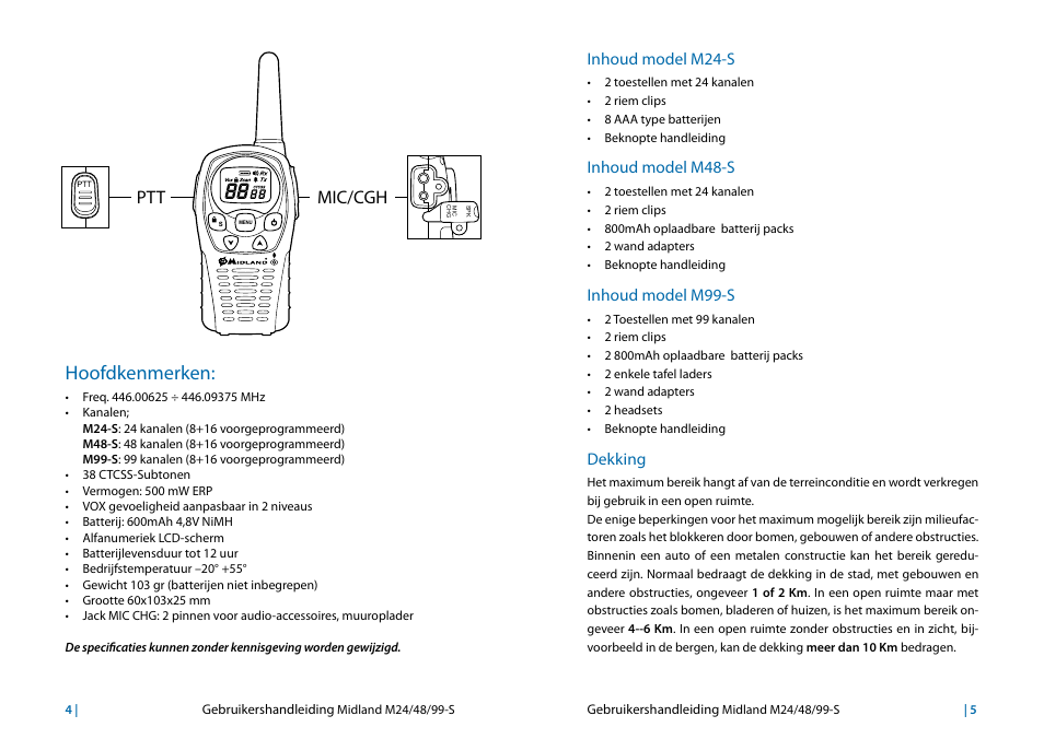 Hoofdkenmerken, Inhoud model m24-s, Inhoud model m48-s | Inhoud model m99-s, Dekking, Hoofdkenmerken: 4, Ptt mic/cgh, Gebruikershandleiding | MIDLAND M24s_M48s_M99s User Manual | Page 54 / 73