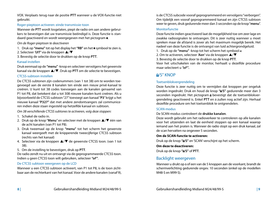 Roger-pieptoon activeren: einde transmissie-toon, Kanaal instellen, Ctcss-subtoon instellen | De ctcss subtoon weergeven op de lcd, Monitorfunctie, S” knop, Toetsenblokvergrendeling, Scan-modus, Backlight weergeven, Monitorfunctie 9 | MIDLAND M24s_M48s_M99s User Manual | Page 56 / 73