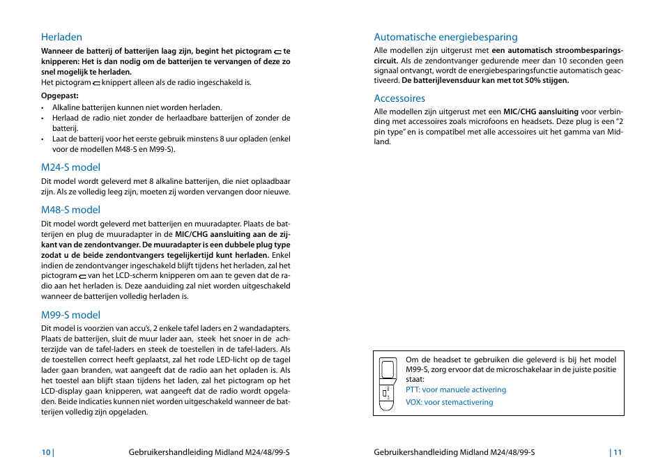 Herladen, M24-s model, M48-s model | M99-s model, Automatische energiebesparing, Accessoires, Herladen 10 m24-s model, Accessoires 11 | MIDLAND M24s_M48s_M99s User Manual | Page 57 / 73
