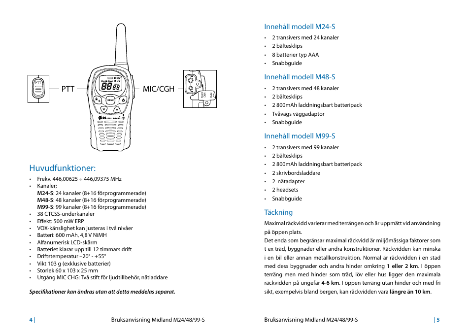 Huvudfunktioner, Innehåll modell m24-s, Innehåll modell m48-s | Innehåll modell m99-s, Täckning, Huvudfunktioner: 4, Ptt mic/cgh, Bruksanvisning | MIDLAND M24s_M48s_M99s User Manual | Page 61 / 73