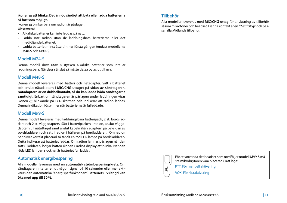 Modell m24-s, Modell m48-s, Modell m99-s | Automatisk energibesparing, Tillbehör, Tillbehör 11 | MIDLAND M24s_M48s_M99s User Manual | Page 64 / 73