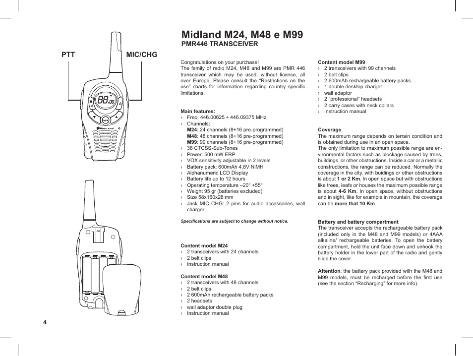 Ptt mic/chg | MIDLAND M99 User Manual | Page 4 / 30