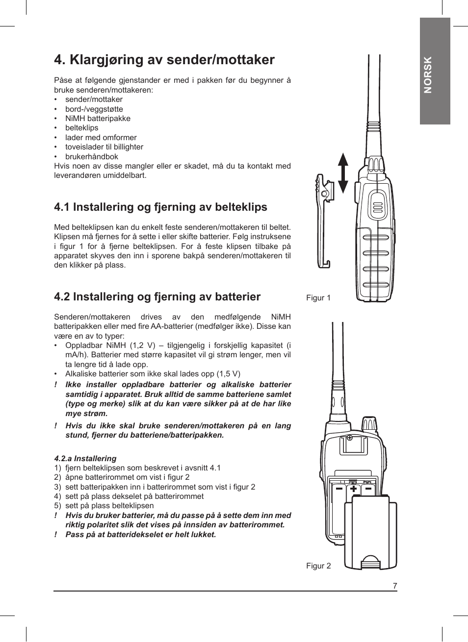 Klargjøring av sender/mottaker, 1 installering og fjerning av belteklips, 2 installering og fjerning av batterier | Norsk | MIDLAND Pacific User Manual | Page 103 / 129