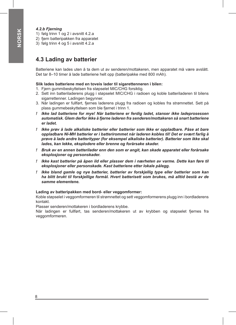 3 lading av batterier, Norsk | MIDLAND Pacific User Manual | Page 104 / 129