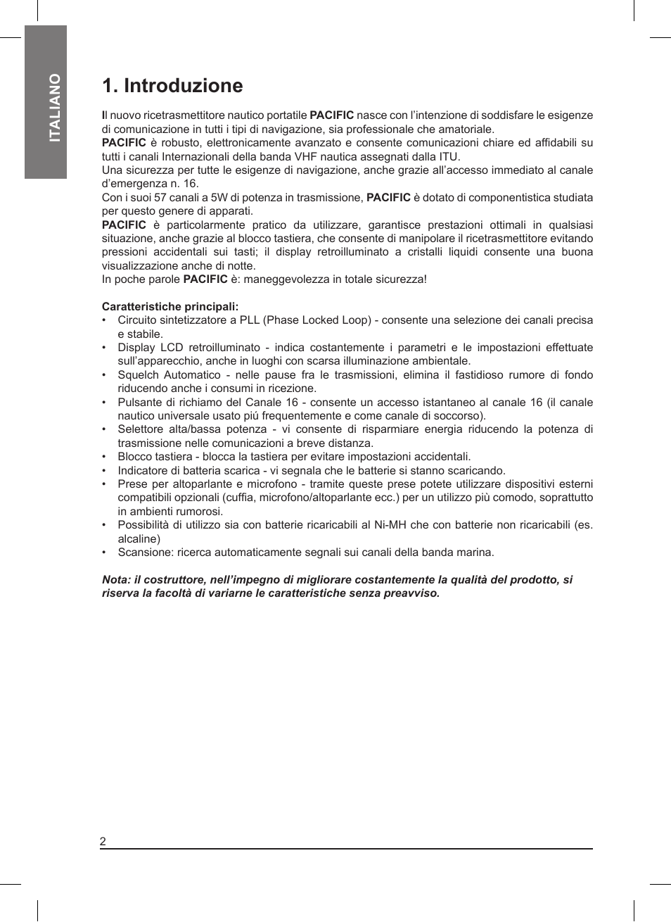 Introduzione, It aliano | MIDLAND Pacific User Manual | Page 2 / 129