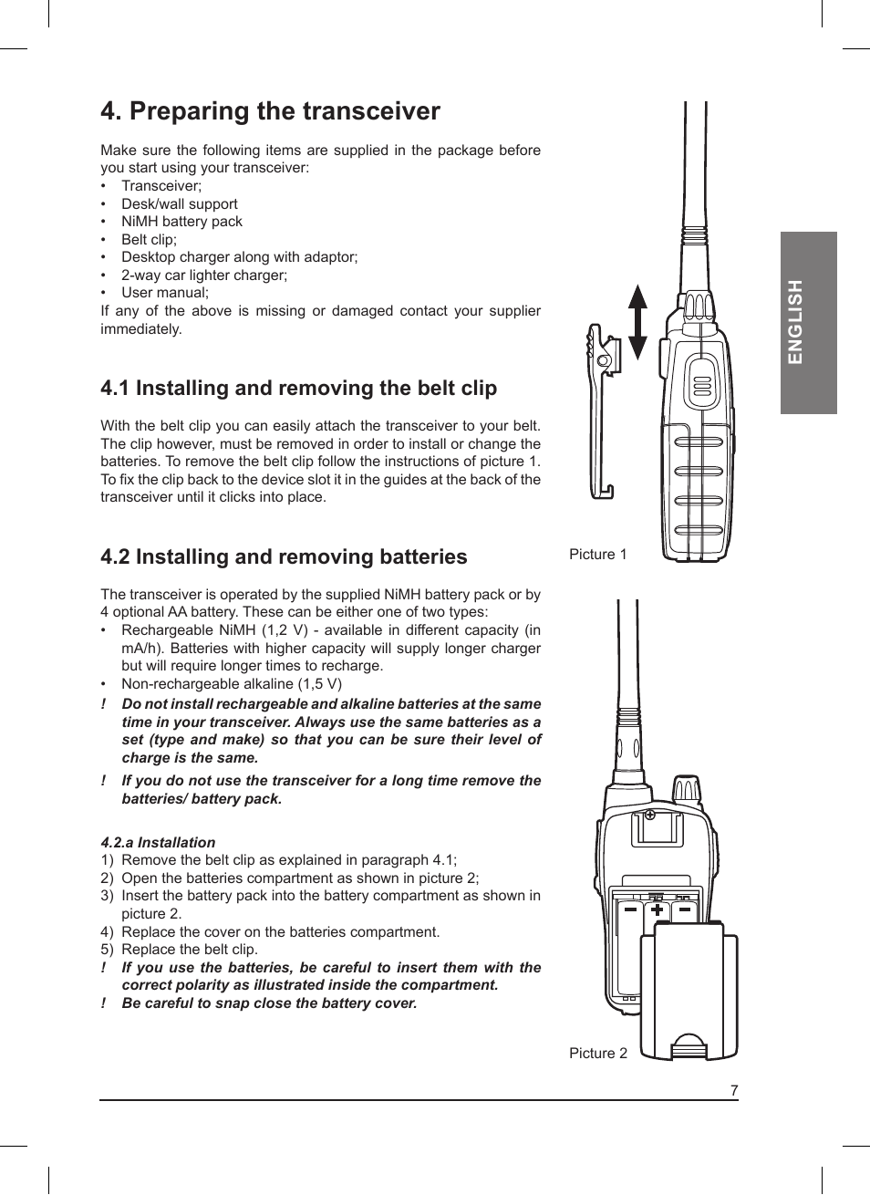 Preparing the transceiver, 1 installing and removing the belt clip, 2 installing and removing batteries | English | MIDLAND Pacific User Manual | Page 23 / 129
