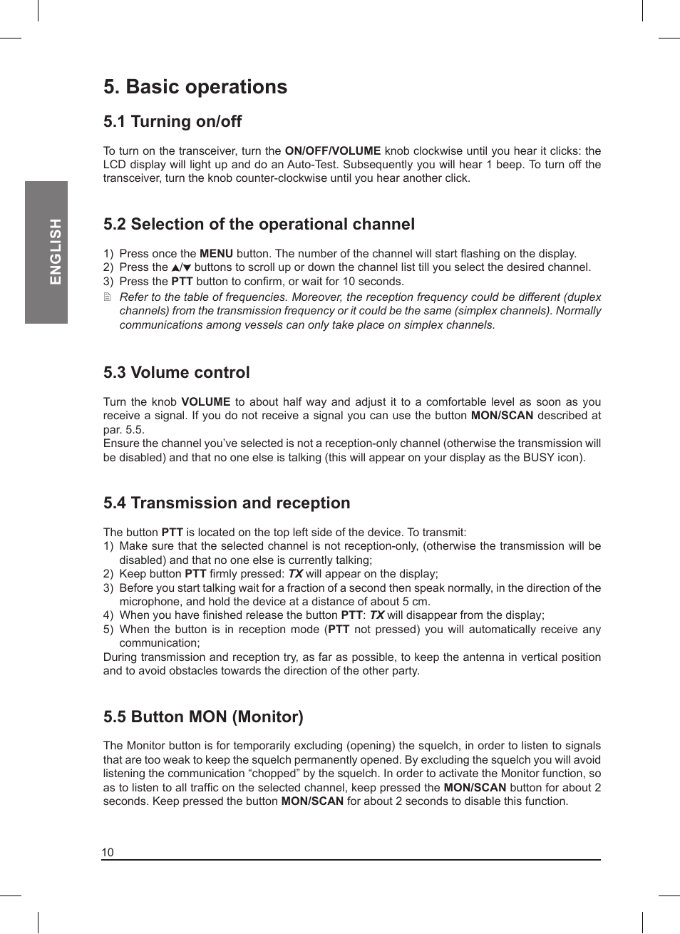 Basic operations, 1 turning on/off, 2 selection of the operational channel | 3 volume control, 4 transmission and reception, 5 button mon (monitor) | MIDLAND Pacific User Manual | Page 26 / 129