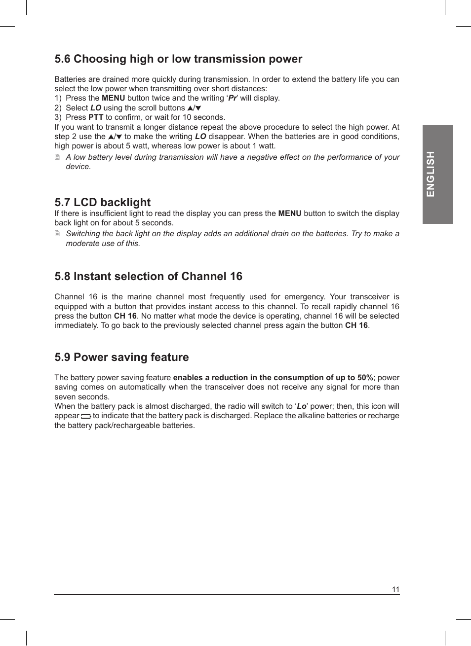 6 choosing high or low transmission power, 7 lcd backlight, 8 instant selection of channel 16 | 9 power saving feature | MIDLAND Pacific User Manual | Page 27 / 129