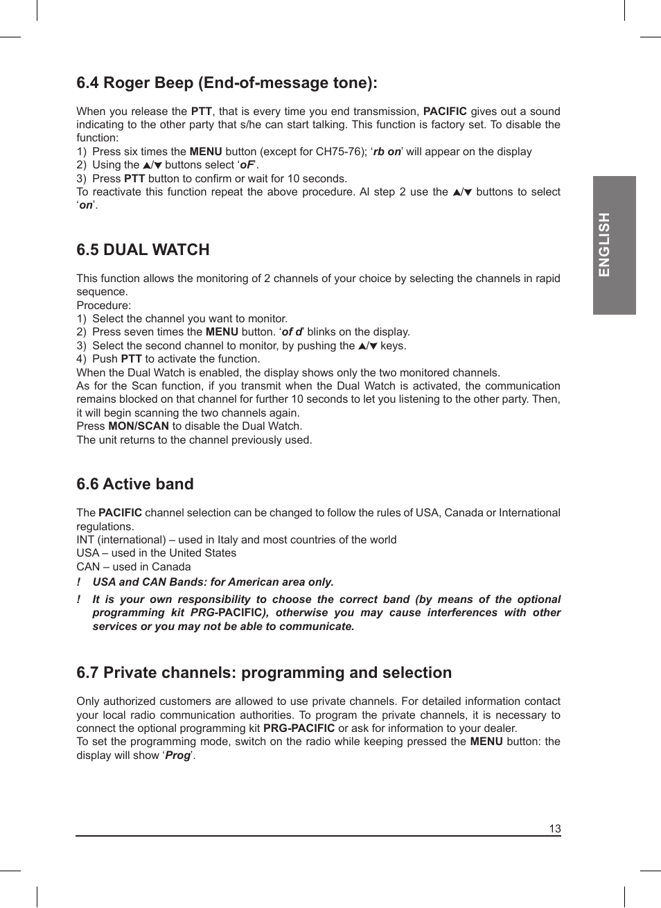 4 roger beep (end-of-message tone), 5 dual watch, 6 active band | 7 private channels: programming and selection | MIDLAND Pacific User Manual | Page 29 / 129